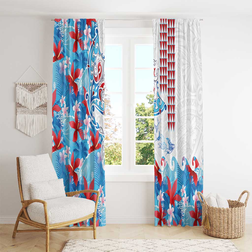 Hawaiian Tribal Manta Ray Window Curtain Kakau Tattoo and Flowers Surfing Waves Pattern Ocean Color
