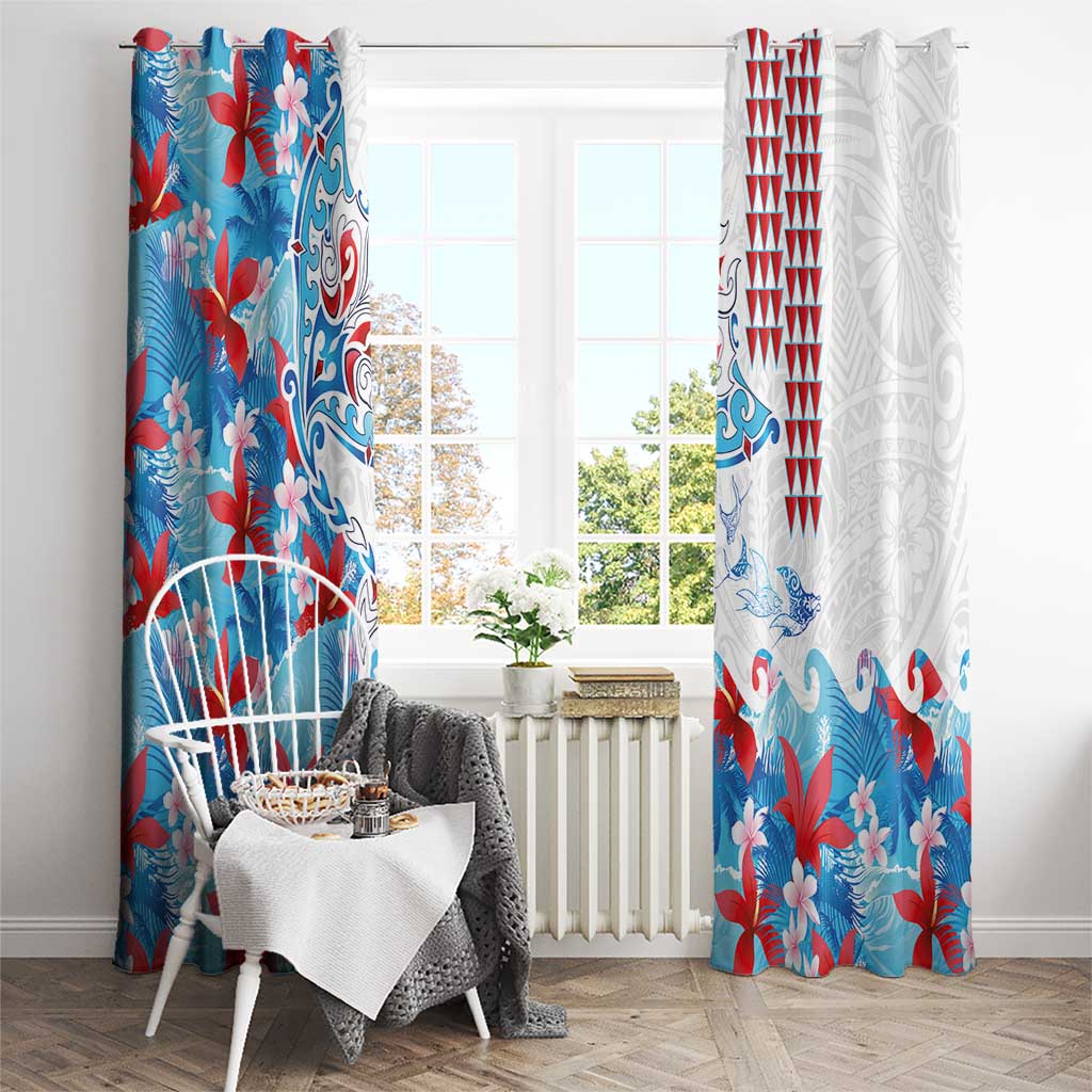 Hawaiian Tribal Manta Ray Window Curtain Kakau Tattoo and Flowers Surfing Waves Pattern Ocean Color