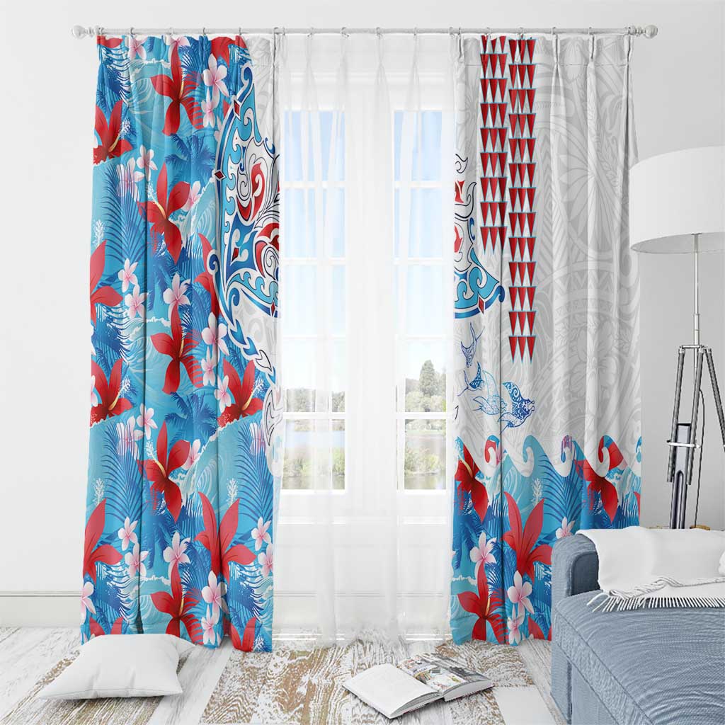 Hawaiian Tribal Manta Ray Window Curtain Kakau Tattoo and Flowers Surfing Waves Pattern Ocean Color