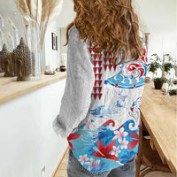 Hawaiian Tribal Manta Ray Women Casual Shirt Kakau Tattoo and Flowers Surfing Waves Pattern Ocean Color