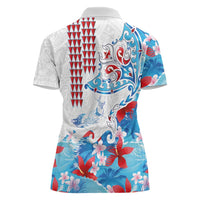 Hawaiian Tribal Manta Ray Women Polo Shirt Kakau Tattoo and Flowers Surfing Waves Pattern Ocean Color