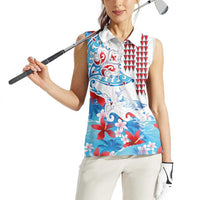 Hawaiian Tribal Manta Ray Women Sleeveless Polo Shirt Kakau Tattoo and Flowers Surfing Waves Pattern Ocean Color