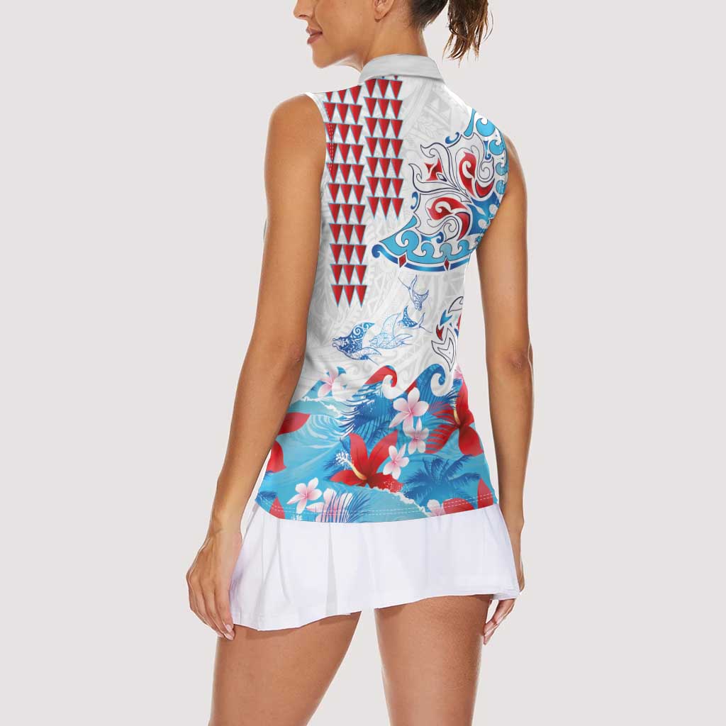 Hawaiian Tribal Manta Ray Women Sleeveless Polo Shirt Kakau Tattoo and Flowers Surfing Waves Pattern Ocean Color