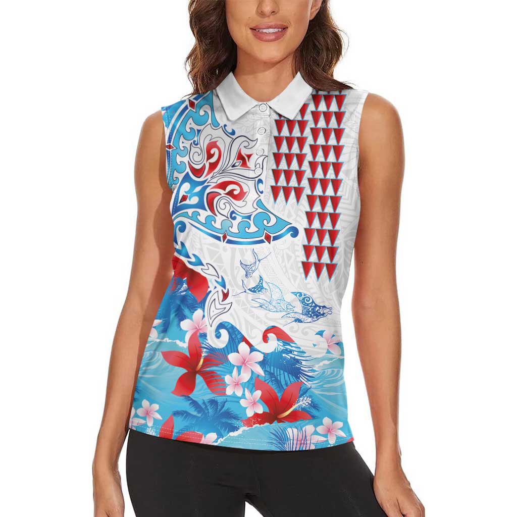 Hawaiian Tribal Manta Ray Women Sleeveless Polo Shirt Kakau Tattoo and Flowers Surfing Waves Pattern Ocean Color