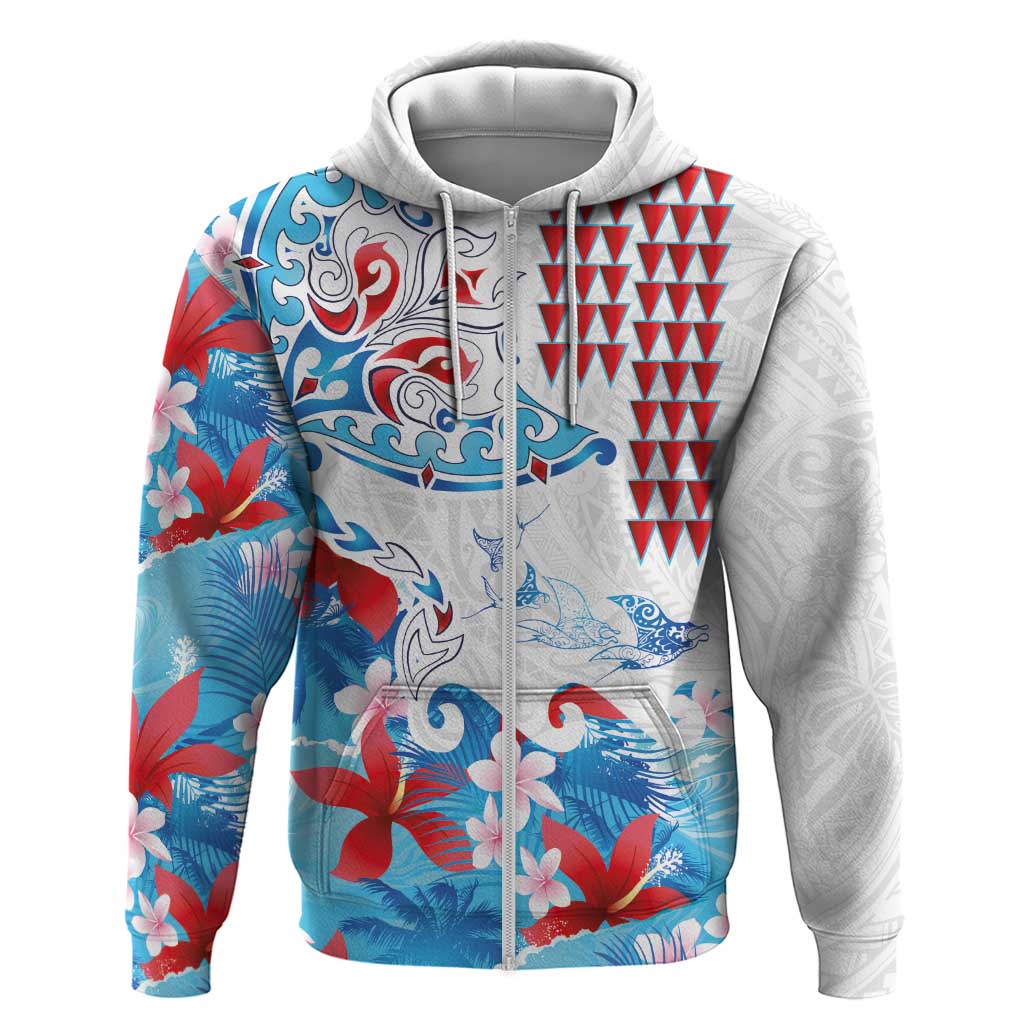 Hawaiian Tribal Manta Ray Zip Hoodie Kakau Tattoo and Flowers Surfing Waves Pattern Ocean Color LT03 Zip Hoodie Multicolor - Polynesian Pride