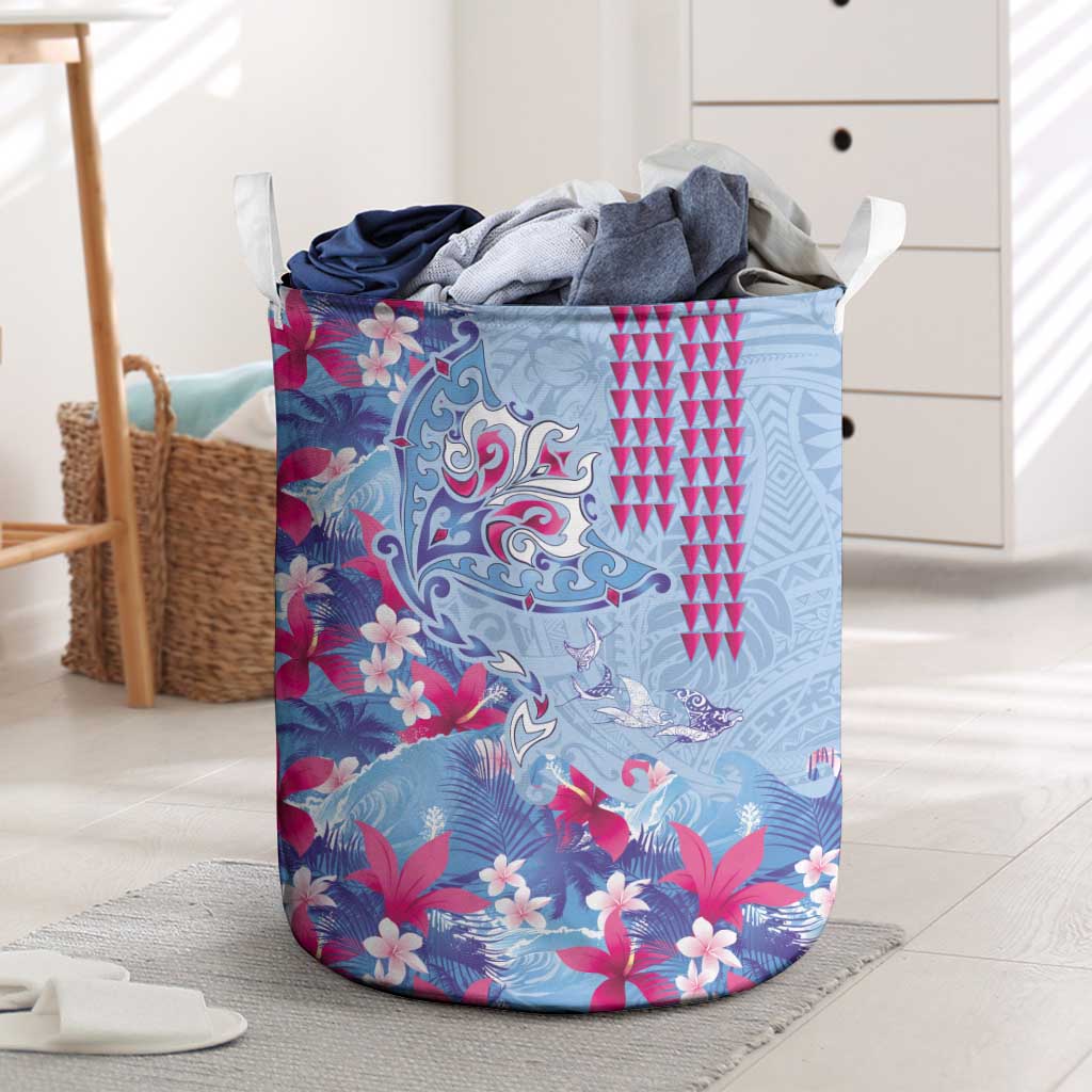 Hawaiian Tribal Manta Ray Laundry Basket Kakau Tattoo and Flowers Surfing Waves Pattern Soft Color LT03 Multicolor - Polynesian Pride