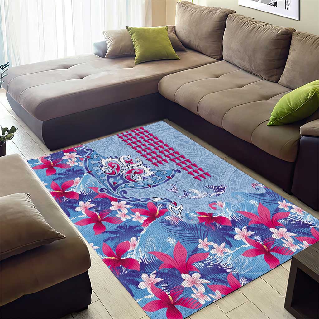 Hawaiian Tribal Manta Ray Area Rug Kakau Tattoo and Flowers Surfing Waves Pattern Soft Color