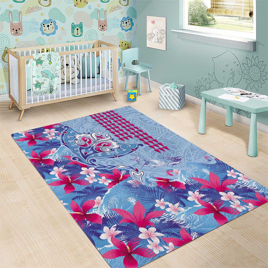 Hawaiian Tribal Manta Ray Area Rug Kakau Tattoo and Flowers Surfing Waves Pattern Soft Color