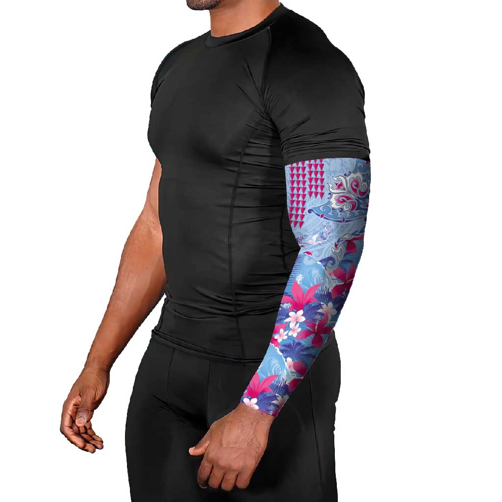 Hawaiian Tribal Manta Ray Arm Sleeves Kakau Tattoo and Flowers Surfing Waves Pattern Soft Color LT03 - Polynesian Pride