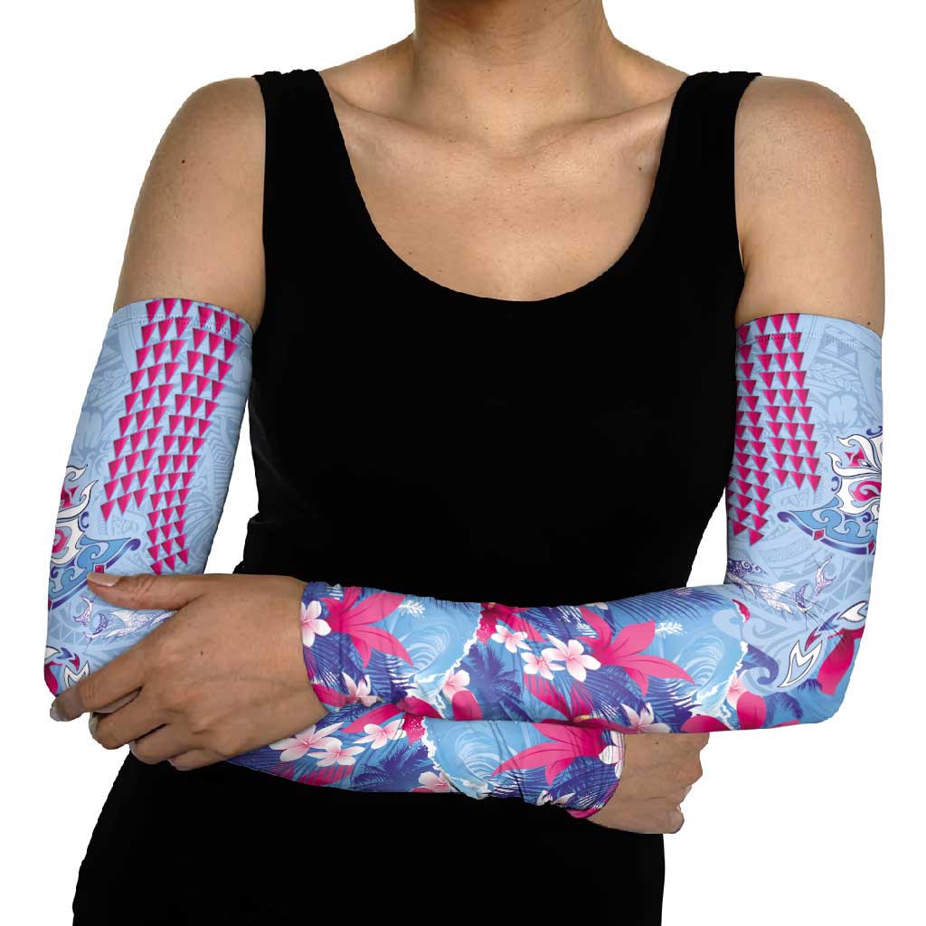 Hawaiian Tribal Manta Ray Arm Sleeves Kakau Tattoo and Flowers Surfing Waves Pattern Soft Color LT03 - Polynesian Pride