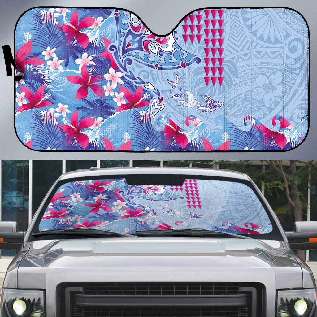Hawaiian Tribal Manta Ray Auto Sun Shade Kakau Tattoo and Flowers Surfing Waves Pattern Soft Color LT03 Multicolor - Polynesian Pride