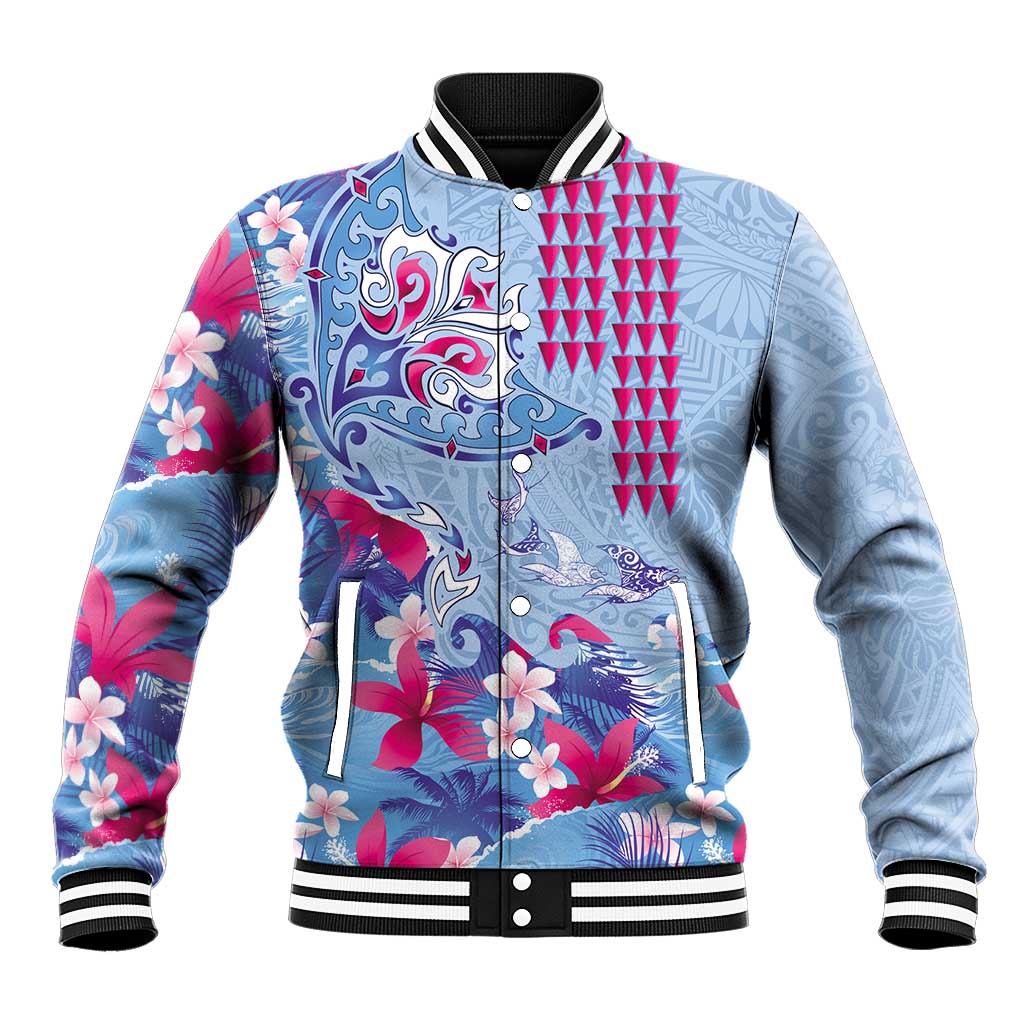 Hawaiian Tribal Manta Ray Baseball Jacket Kakau Tattoo and Flowers Surfing Waves Pattern Soft Color LT03 Unisex Multicolor - Polynesian Pride