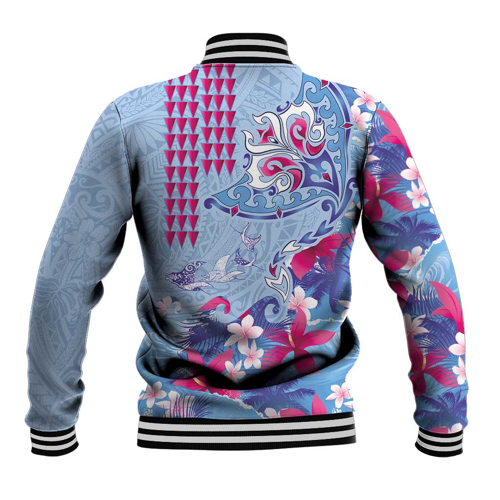 Hawaiian Tribal Manta Ray Baseball Jacket Kakau Tattoo and Flowers Surfing Waves Pattern Soft Color LT03 - Polynesian Pride