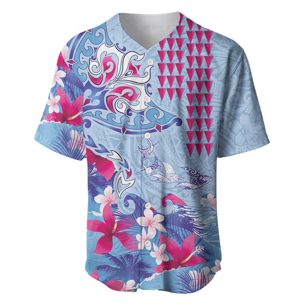Hawaiian Tribal Manta Ray Baseball Jersey Kakau Tattoo and Flowers Surfing Waves Pattern Soft Color LT03 Multicolor - Polynesian Pride