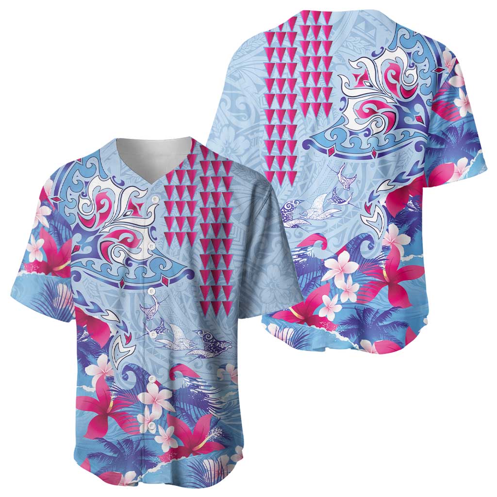 Hawaiian Tribal Manta Ray Baseball Jersey Kakau Tattoo and Flowers Surfing Waves Pattern Soft Color LT03 - Polynesian Pride