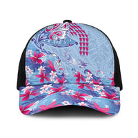 Hawaiian Tribal Manta Ray Baseball Net Cap Kakau Tattoo and Flowers Surfing Waves Pattern Soft Color LT03 One Size Black Multicolor - Polynesian Pride