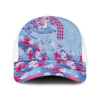Hawaiian Tribal Manta Ray Baseball Net Cap Kakau Tattoo and Flowers Surfing Waves Pattern Soft Color LT03 One Size White Multicolor - Polynesian Pride