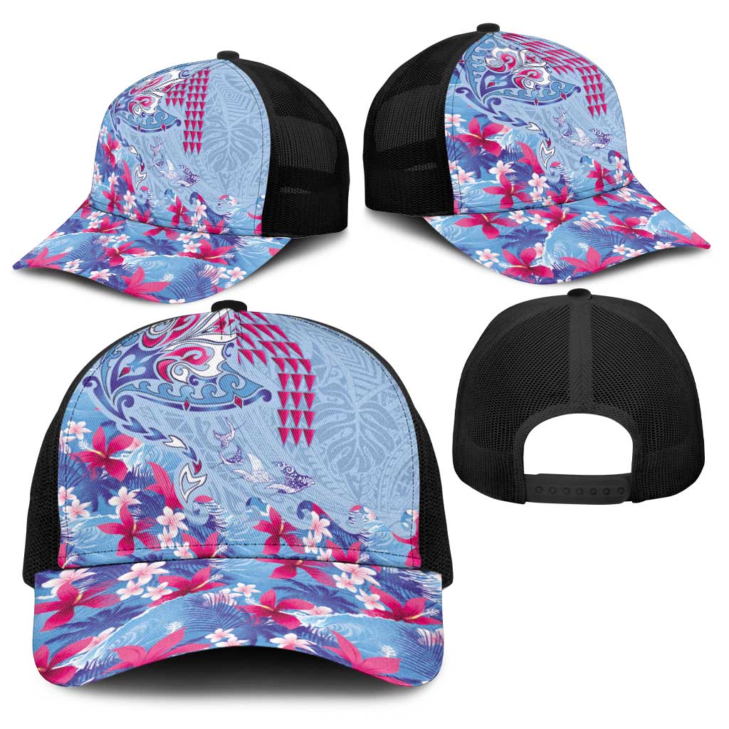 Hawaiian Tribal Manta Ray Baseball Net Cap Kakau Tattoo and Flowers Surfing Waves Pattern Soft Color LT03 - Polynesian Pride