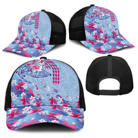 Hawaiian Tribal Manta Ray Baseball Net Cap Kakau Tattoo and Flowers Surfing Waves Pattern Soft Color LT03 - Polynesian Pride