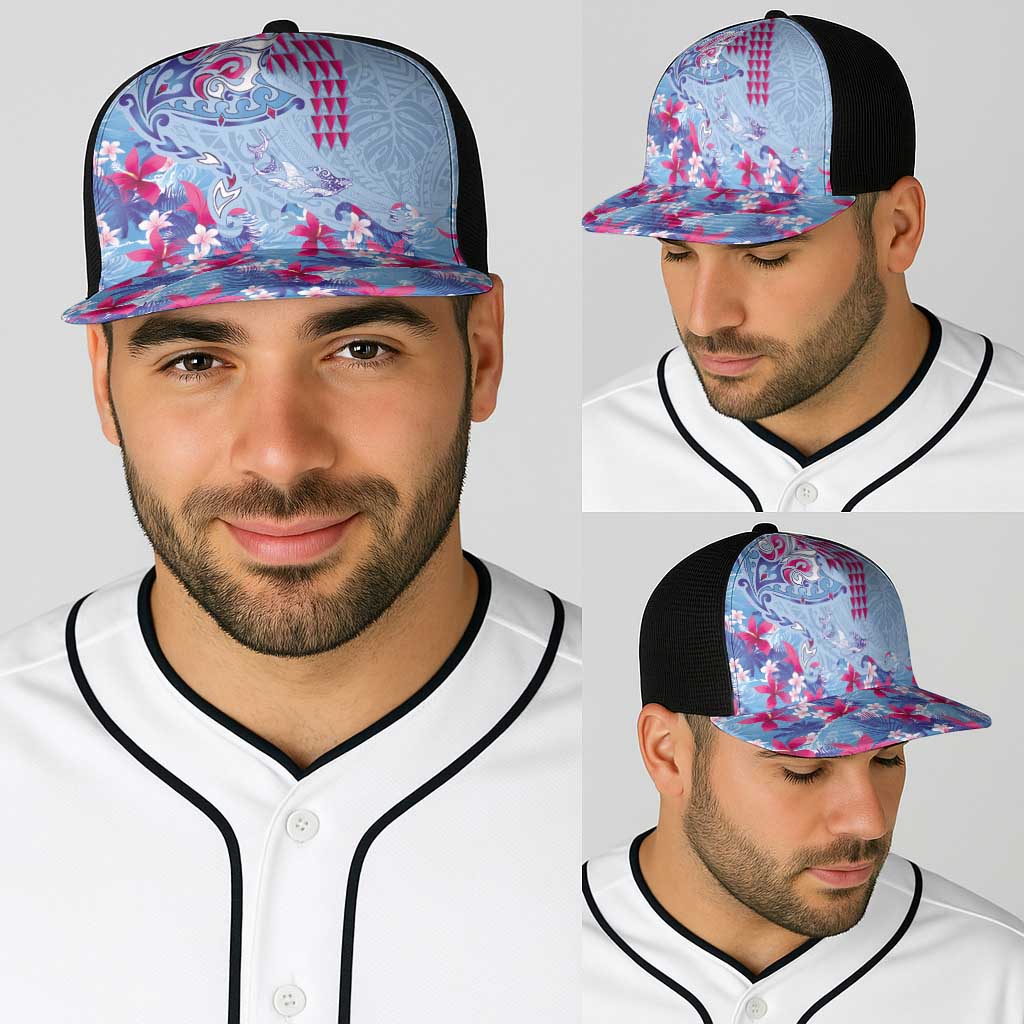 Hawaiian Tribal Manta Ray Baseball Net Cap Kakau Tattoo and Flowers Surfing Waves Pattern Soft Color LT03 - Polynesian Pride