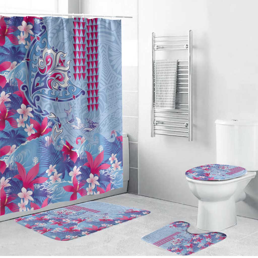 Hawaiian Tribal Manta Ray Bathroom Set Kakau Tattoo and Flowers Surfing Waves Pattern Soft Color LT03 Bathroom Set (4 pcs) Multicolor - Polynesian Pride