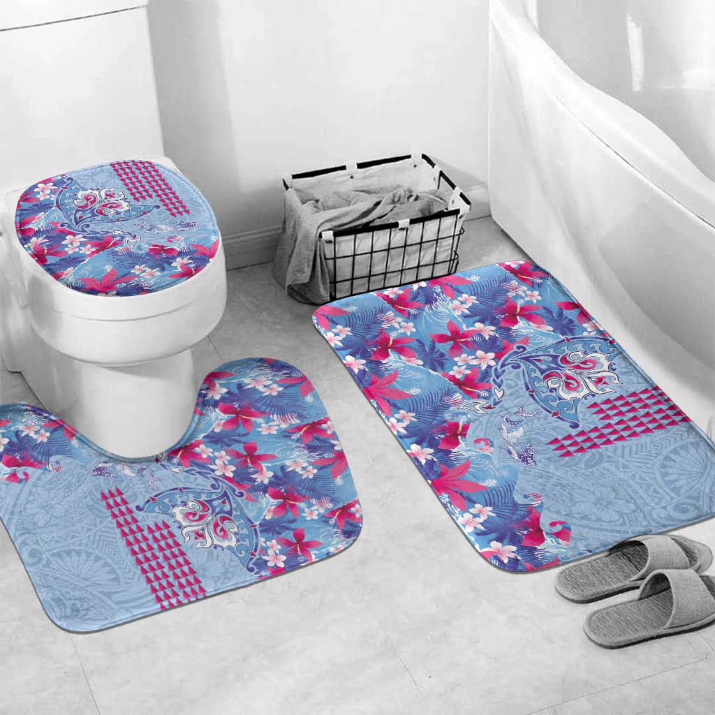 Hawaiian Tribal Manta Ray Bathroom Set Kakau Tattoo and Flowers Surfing Waves Pattern Soft Color LT03 Mat Set Only (3 pcs) One Size Multicolor - Polynesian Pride