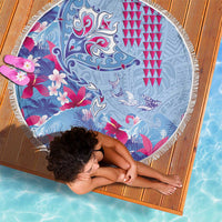 Hawaiian Tribal Manta Ray Beach Blanket Kakau Tattoo and Flowers Surfing Waves Pattern Soft Color LT03 - Polynesian Pride