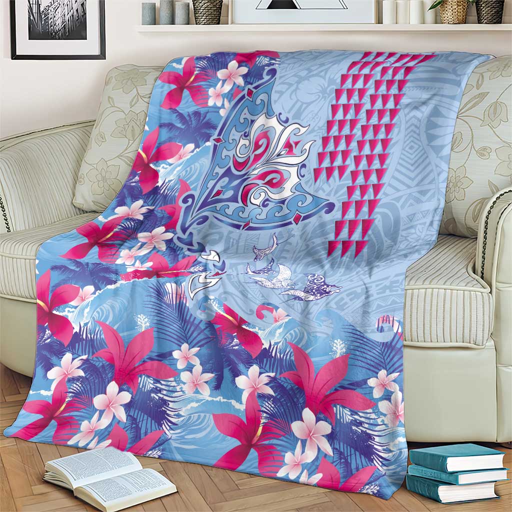 Hawaiian Tribal Manta Ray Blanket Kakau Tattoo and Flowers Surfing Waves Pattern Soft Color LT03 - Polynesian Pride
