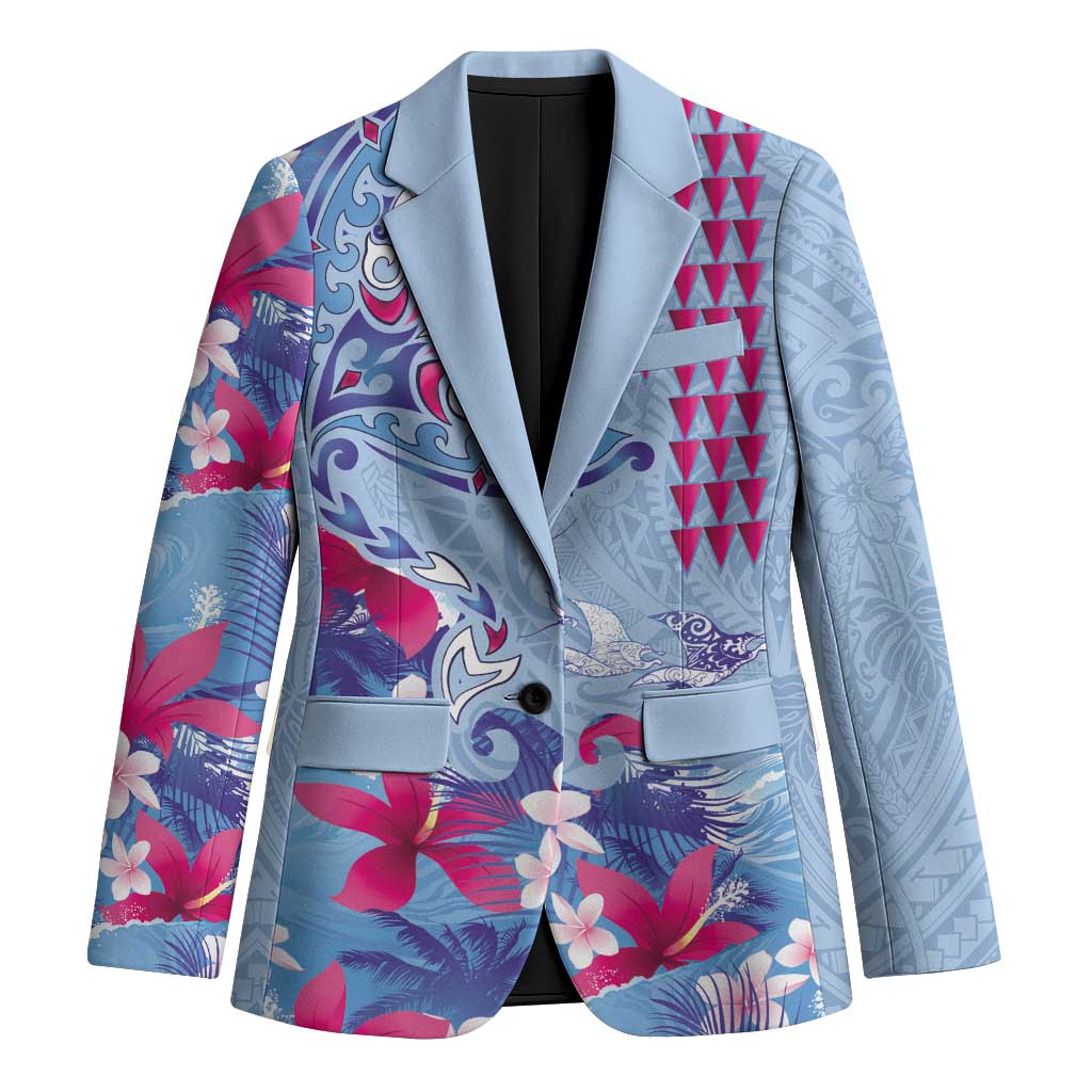 Hawaiian Tribal Manta Ray Blazer Kakau Tattoo and Flowers Surfing Waves Pattern Soft Color LT03 Unisex Multicolor - Polynesian Pride