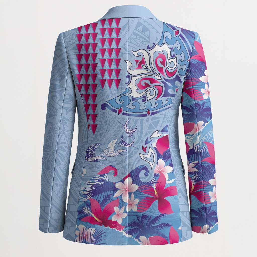 Hawaiian Tribal Manta Ray Blazer Kakau Tattoo and Flowers Surfing Waves Pattern Soft Color LT03 - Polynesian Pride