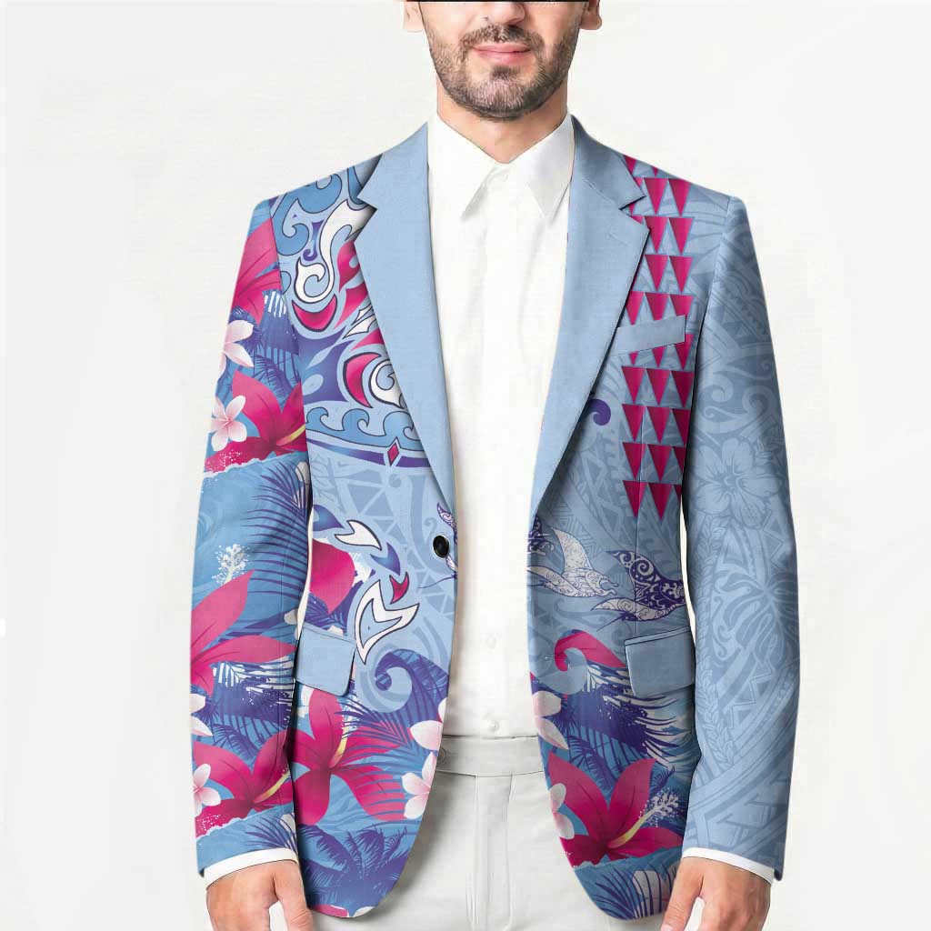 Hawaiian Tribal Manta Ray Blazer Kakau Tattoo and Flowers Surfing Waves Pattern Soft Color LT03 - Polynesian Pride