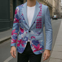 Hawaiian Tribal Manta Ray Blazer Kakau Tattoo and Flowers Surfing Waves Pattern Soft Color LT03 - Polynesian Pride