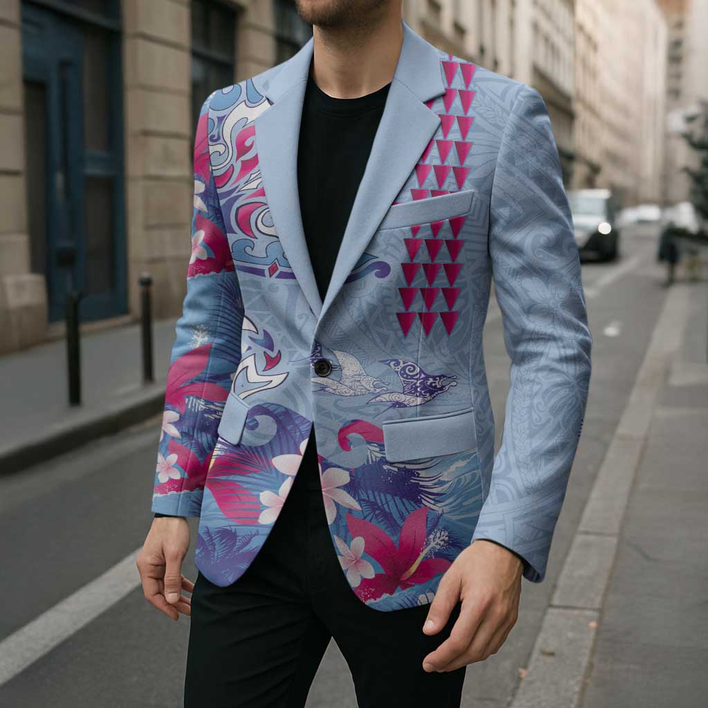 Hawaiian Tribal Manta Ray Blazer Kakau Tattoo and Flowers Surfing Waves Pattern Soft Color LT03 - Polynesian Pride