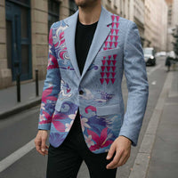 Hawaiian Tribal Manta Ray Blazer Kakau Tattoo and Flowers Surfing Waves Pattern Soft Color LT03 - Polynesian Pride