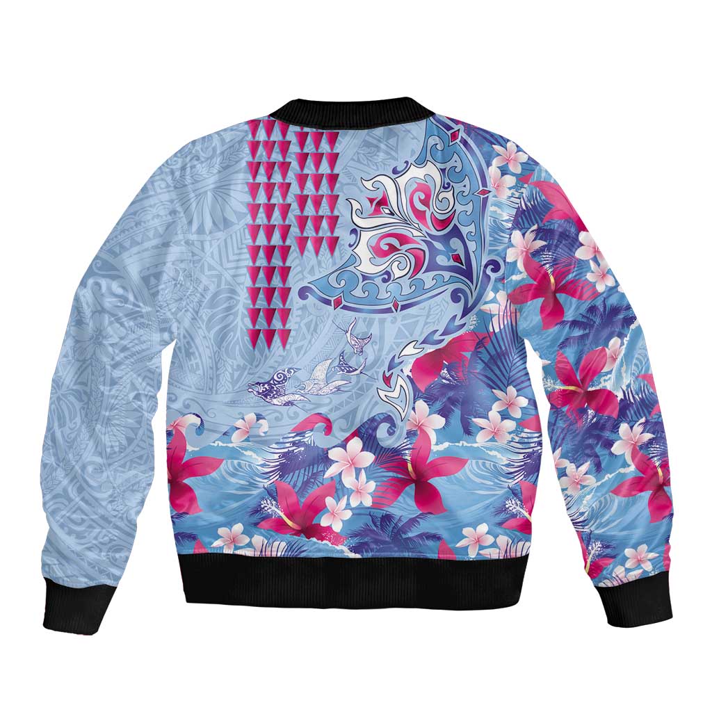 Hawaiian Tribal Manta Ray Bomber Jacket Kakau Tattoo and Flowers Surfing Waves Pattern Soft Color LT03 - Polynesian Pride