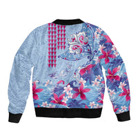 Hawaiian Tribal Manta Ray Bomber Jacket Kakau Tattoo and Flowers Surfing Waves Pattern Soft Color LT03 - Polynesian Pride