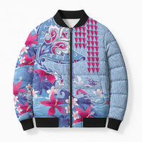 Hawaiian Tribal Manta Ray Bomber Puffer Jacket Kakau Tattoo and Flowers Surfing Waves Pattern Soft Color LT03 Unisex Multicolor - Polynesian Pride