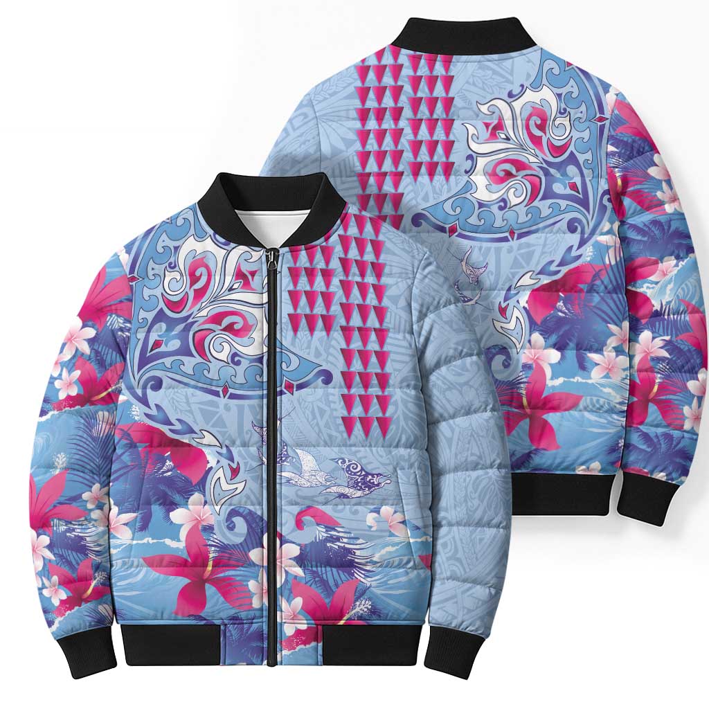 Hawaiian Tribal Manta Ray Bomber Puffer Jacket Kakau Tattoo and Flowers Surfing Waves Pattern Soft Color LT03 - Polynesian Pride