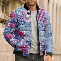 Hawaiian Tribal Manta Ray Bomber Puffer Jacket Kakau Tattoo and Flowers Surfing Waves Pattern Soft Color LT03 - Polynesian Pride