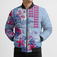 Hawaiian Tribal Manta Ray Bomber Puffer Jacket Kakau Tattoo and Flowers Surfing Waves Pattern Soft Color LT03 - Polynesian Pride