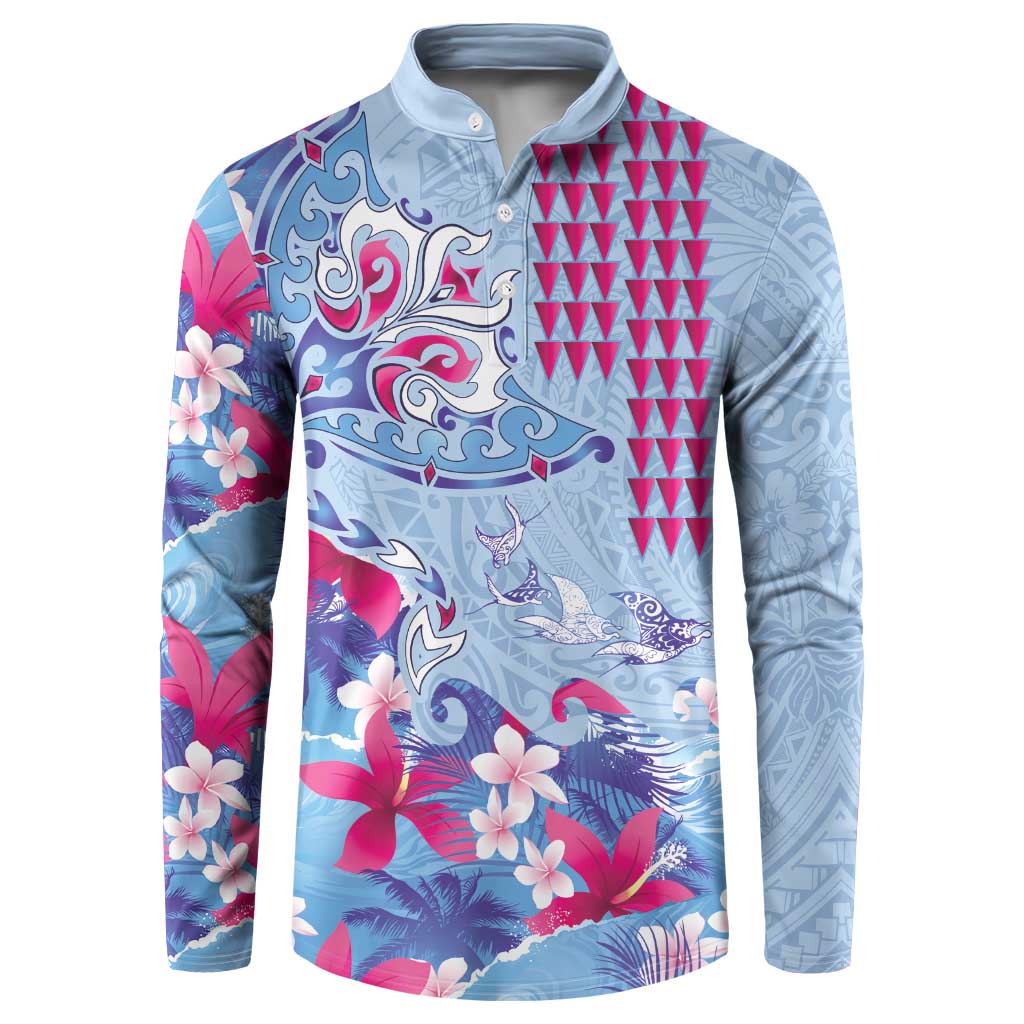 Hawaiian Tribal Manta Ray Button Sweatshirt Kakau Tattoo and Flowers Surfing Waves Pattern Soft Color LT03 Multicolor - Polynesian Pride