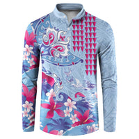Hawaiian Tribal Manta Ray Button Sweatshirt Kakau Tattoo and Flowers Surfing Waves Pattern Soft Color LT03 Multicolor - Polynesian Pride