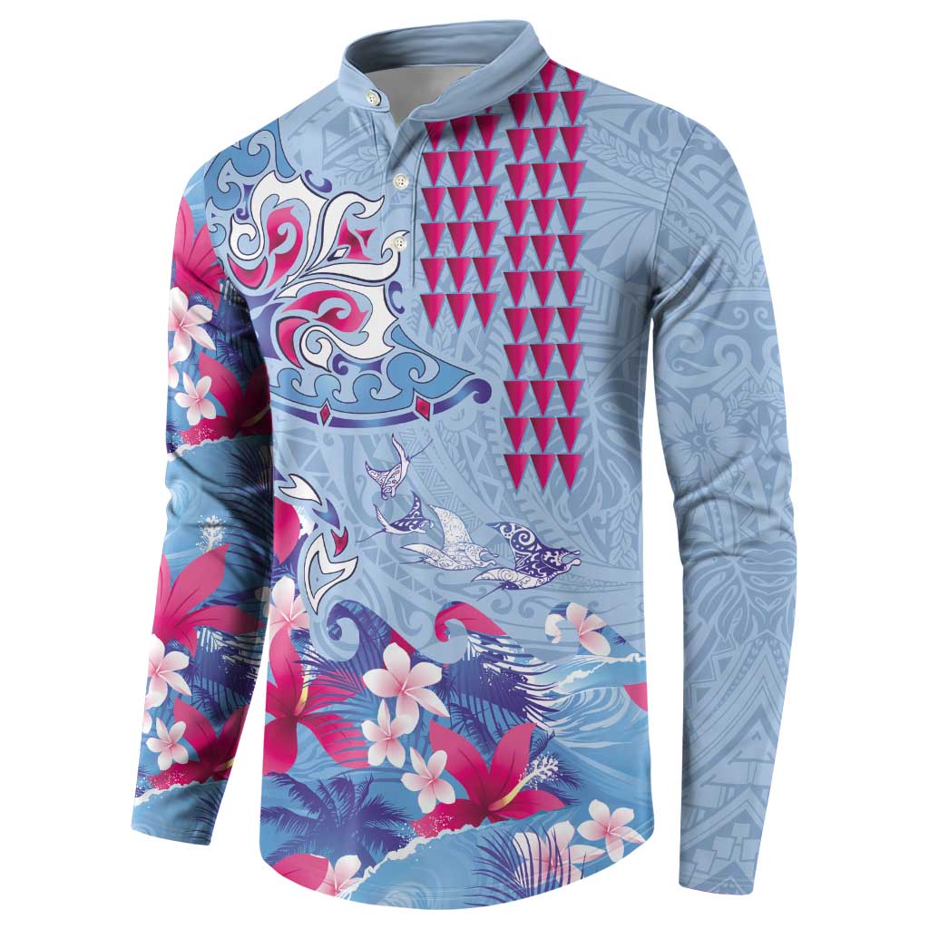 Hawaiian Tribal Manta Ray Button Sweatshirt Kakau Tattoo and Flowers Surfing Waves Pattern Soft Color LT03 - Polynesian Pride