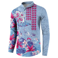 Hawaiian Tribal Manta Ray Button Sweatshirt Kakau Tattoo and Flowers Surfing Waves Pattern Soft Color LT03 - Polynesian Pride
