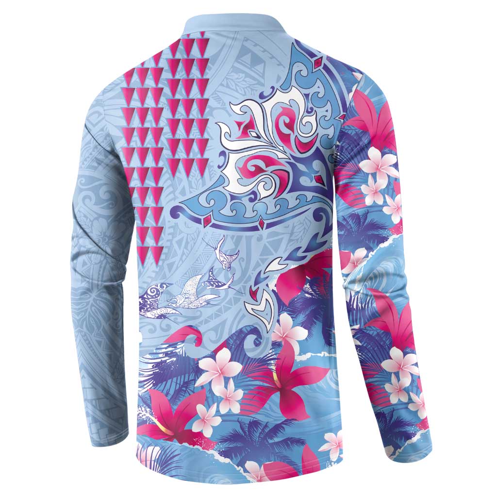Hawaiian Tribal Manta Ray Button Sweatshirt Kakau Tattoo and Flowers Surfing Waves Pattern Soft Color LT03 - Polynesian Pride
