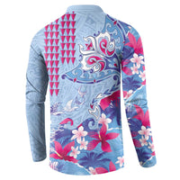 Hawaiian Tribal Manta Ray Button Sweatshirt Kakau Tattoo and Flowers Surfing Waves Pattern Soft Color LT03 - Polynesian Pride