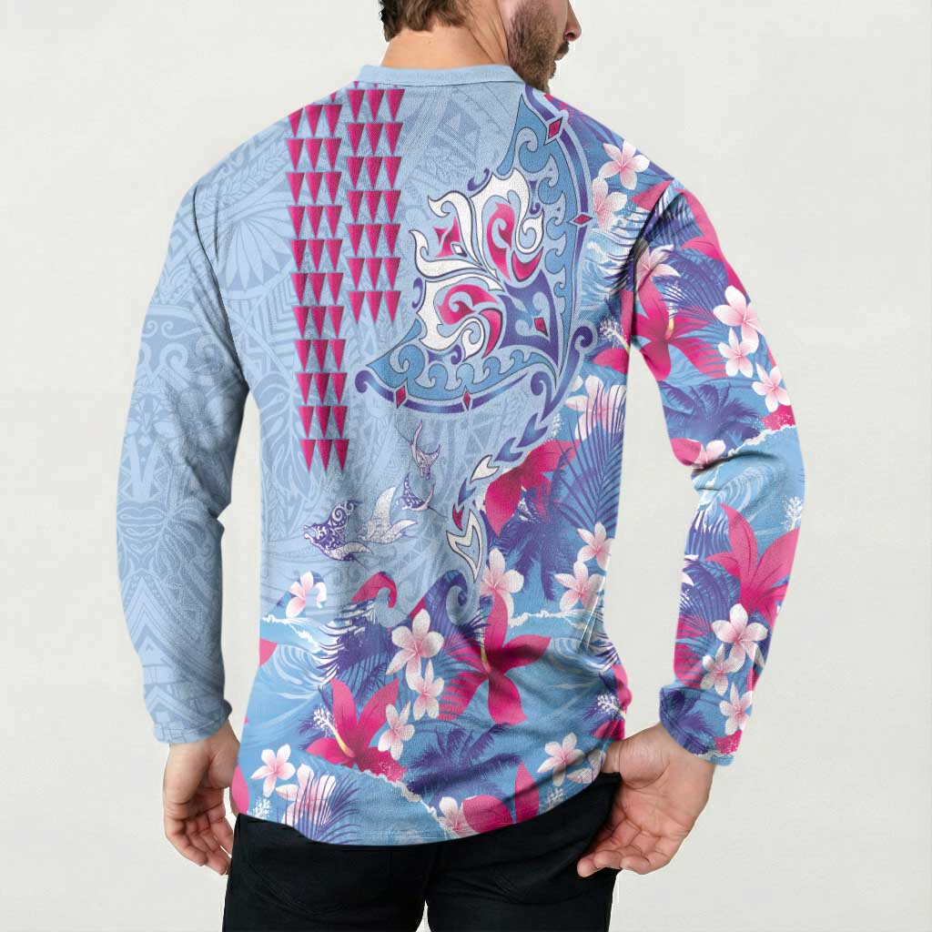 Hawaiian Tribal Manta Ray Button Sweatshirt Kakau Tattoo and Flowers Surfing Waves Pattern Soft Color LT03 - Polynesian Pride