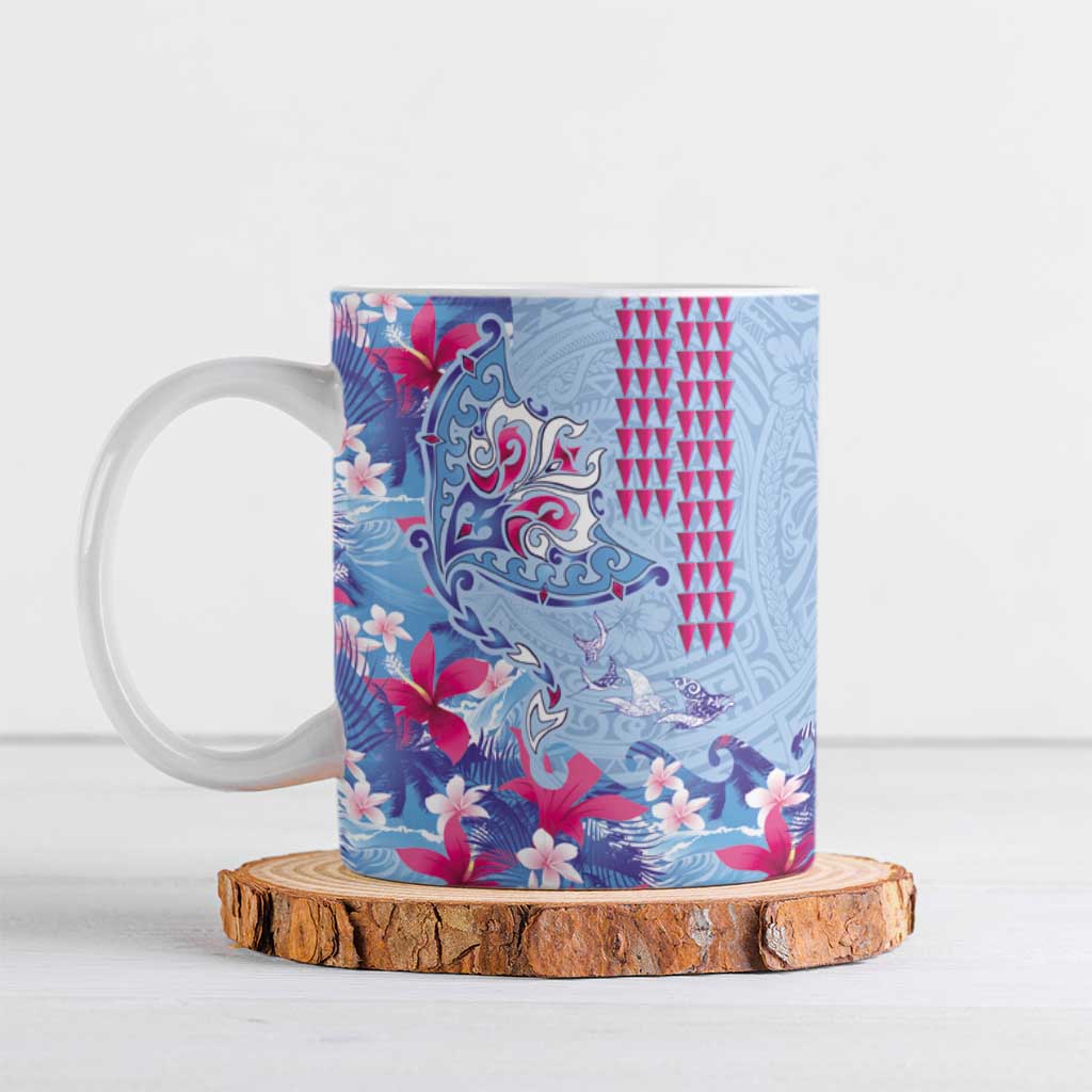 Hawaiian Tribal Manta Ray Ceramic Mug Kakau Tattoo and Flowers Surfing Waves Pattern Soft Color