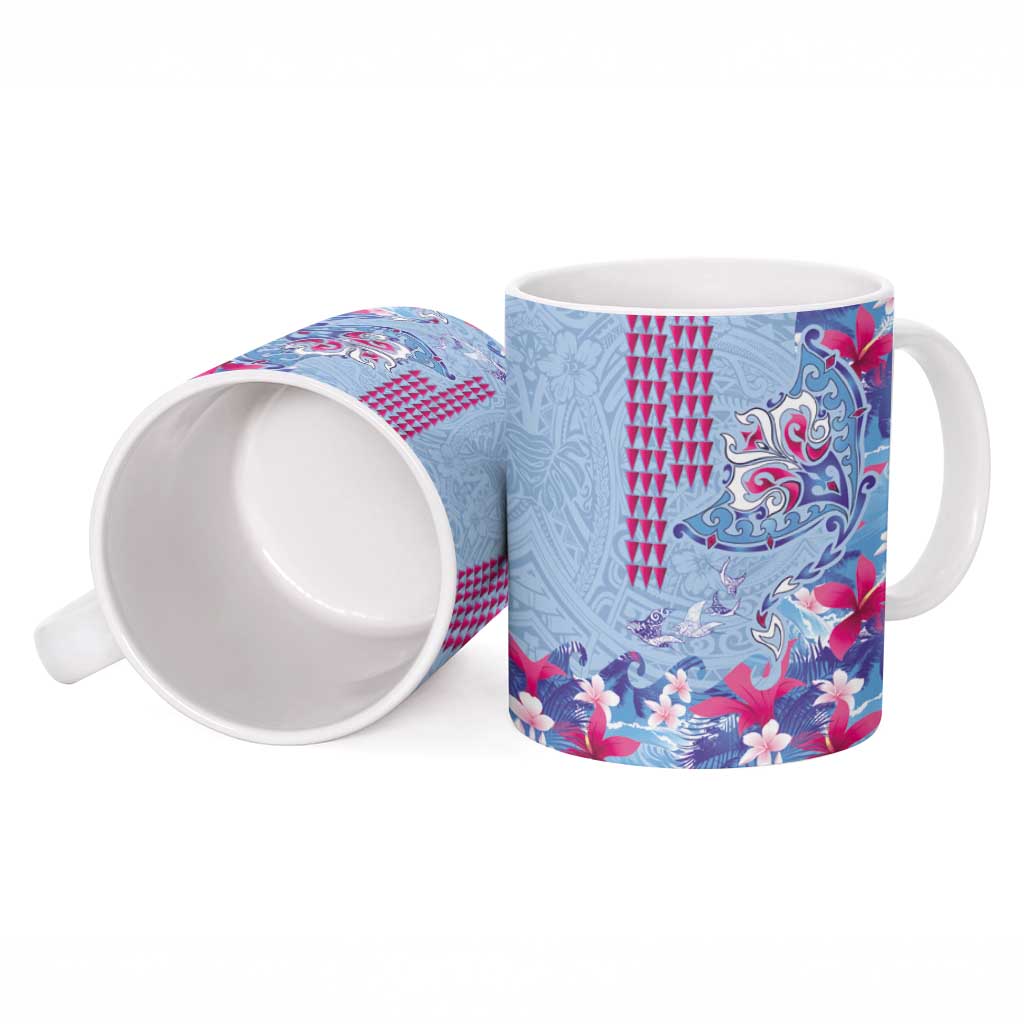 Hawaiian Tribal Manta Ray Ceramic Mug Kakau Tattoo and Flowers Surfing Waves Pattern Soft Color
