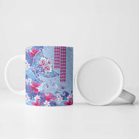 Hawaiian Tribal Manta Ray Ceramic Mug Kakau Tattoo and Flowers Surfing Waves Pattern Soft Color